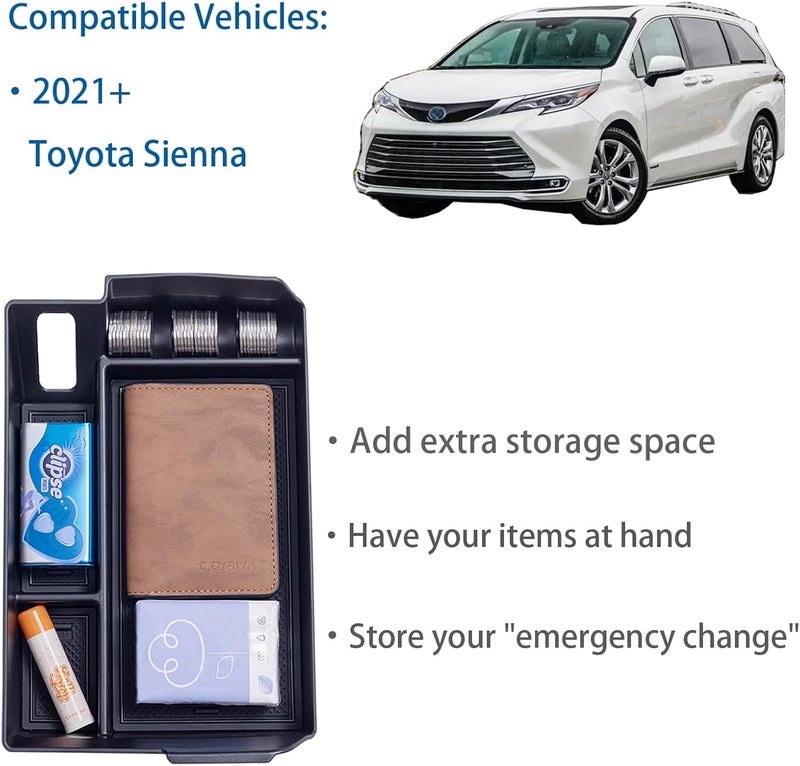 TOPINSTALL Center Console Organizer Compatible with 2021-2026 Toyota Sienna Accessories, Armrest Box Secondary Storage Tray Coin Container ABS Plastic-Black - Image 4